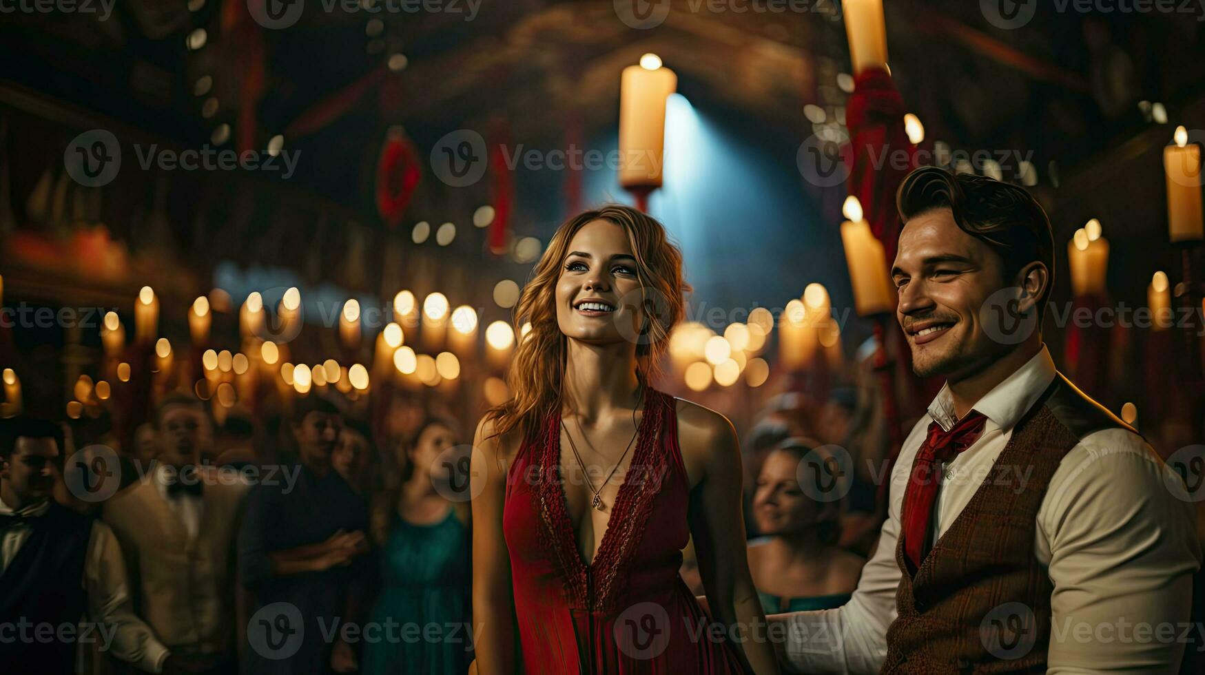 schön jung Paar im ein rot Kleid im das Innere von Jahrgang Zirkus. foto