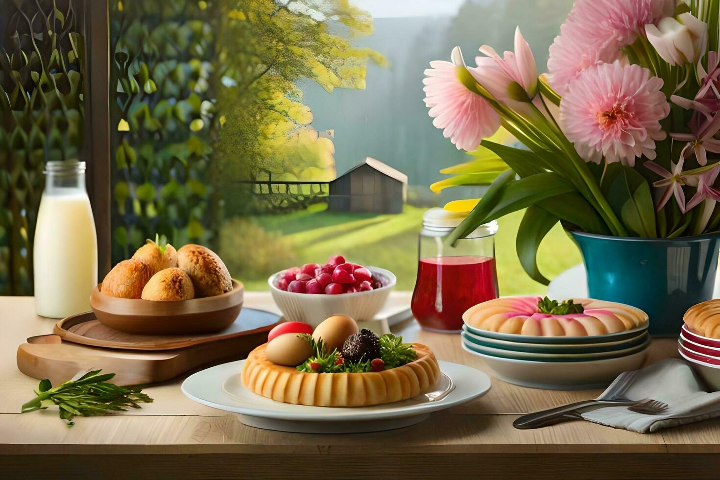 ein Tabelle mit Essen und Blumen auf Es. KI-generiert foto