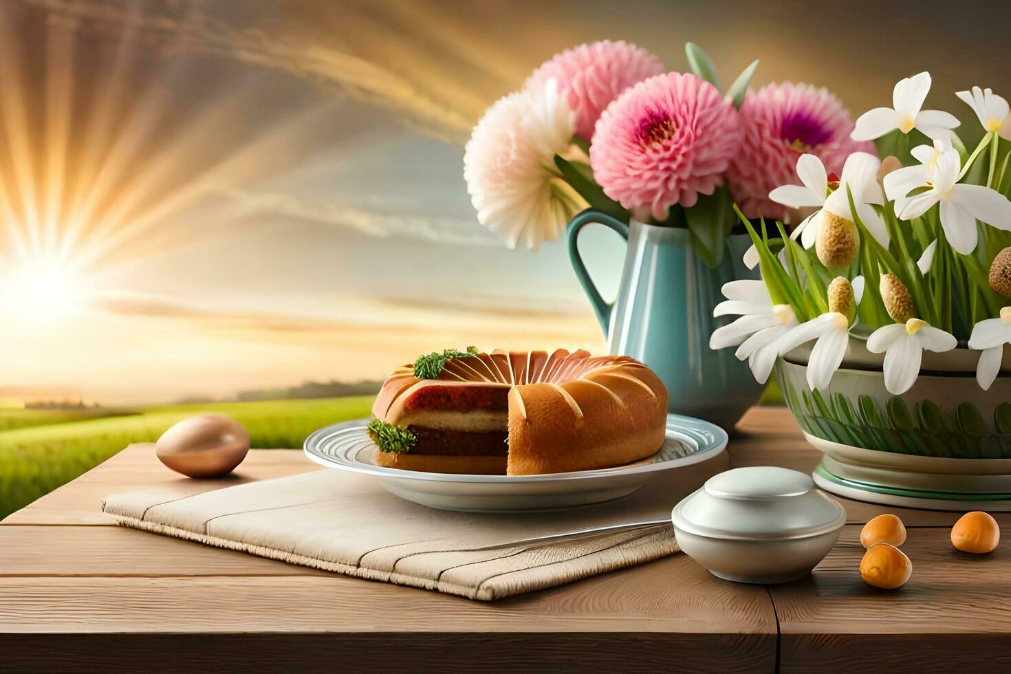 Ostern Blumen, Kuchen, und Eier auf ein Tisch. KI-generiert foto