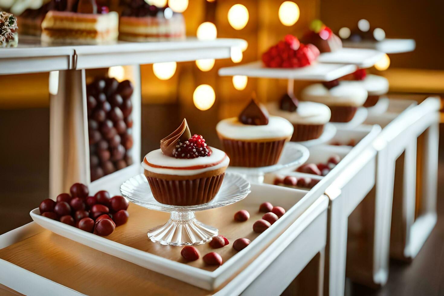 ein Buffet Tabelle mit Cupcakes und andere Nachspeisen. KI-generiert foto