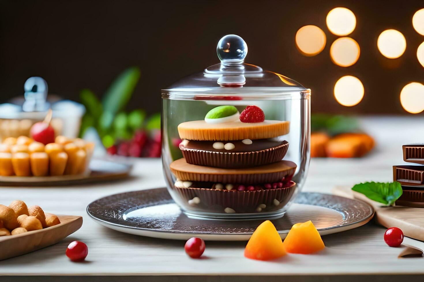 ein Glas Krug gefüllt mit verschiedene Typen von Nachspeisen. KI-generiert foto