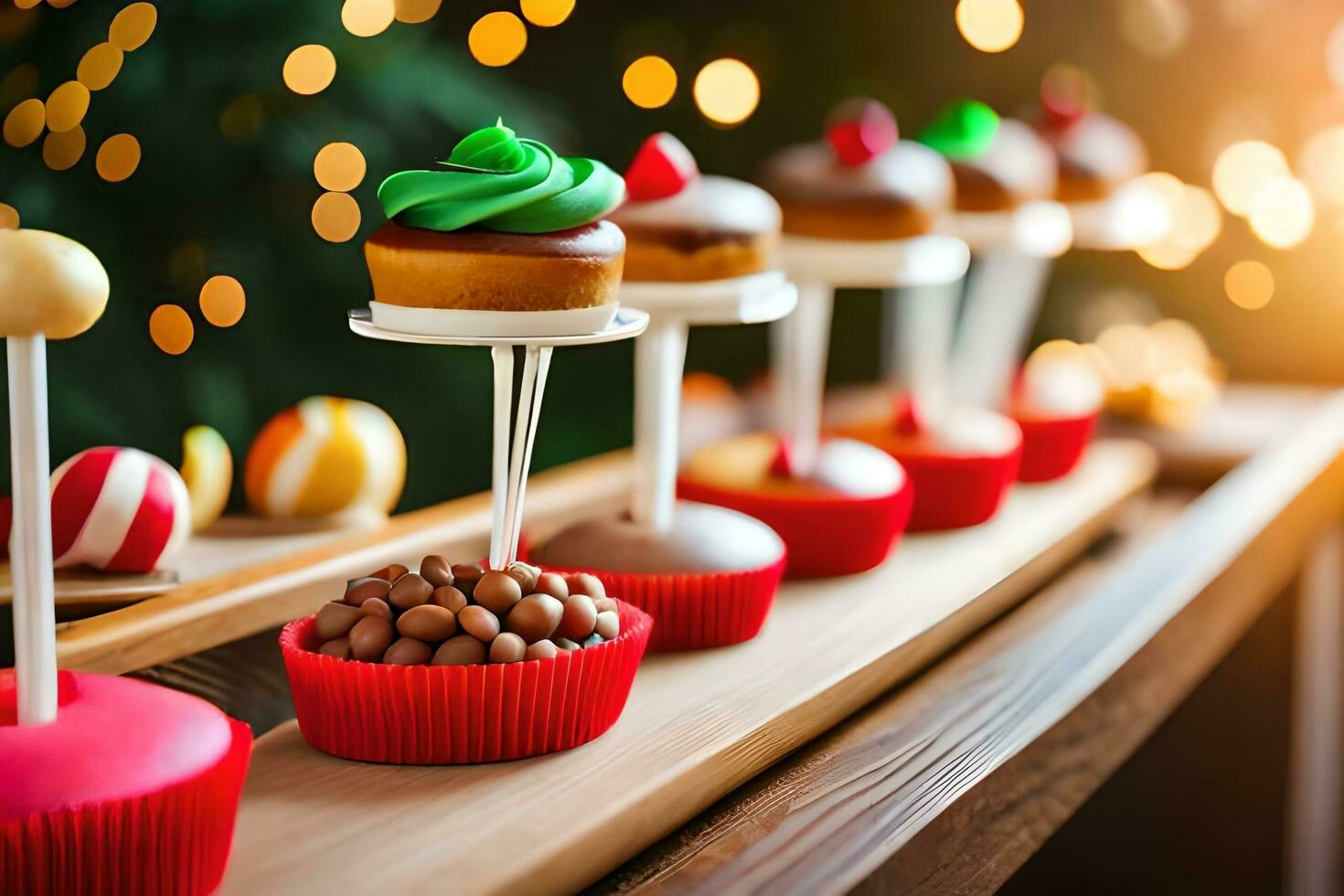 Weihnachten Dessert Buffet mit Weihnachten Beleuchtung. KI-generiert foto