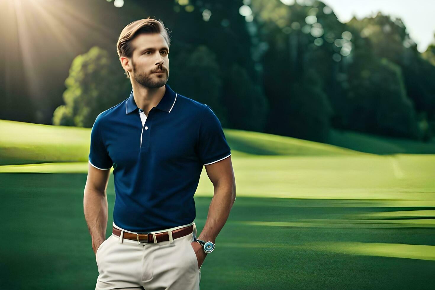 ein Mann im ein Blau Polo Hemd Stehen auf ein Golf Kurs. KI-generiert foto