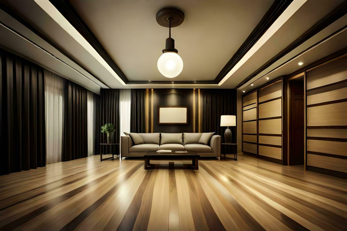 ein modern Leben Zimmer mit hölzern Böden und ein Couch. KI-generiert foto