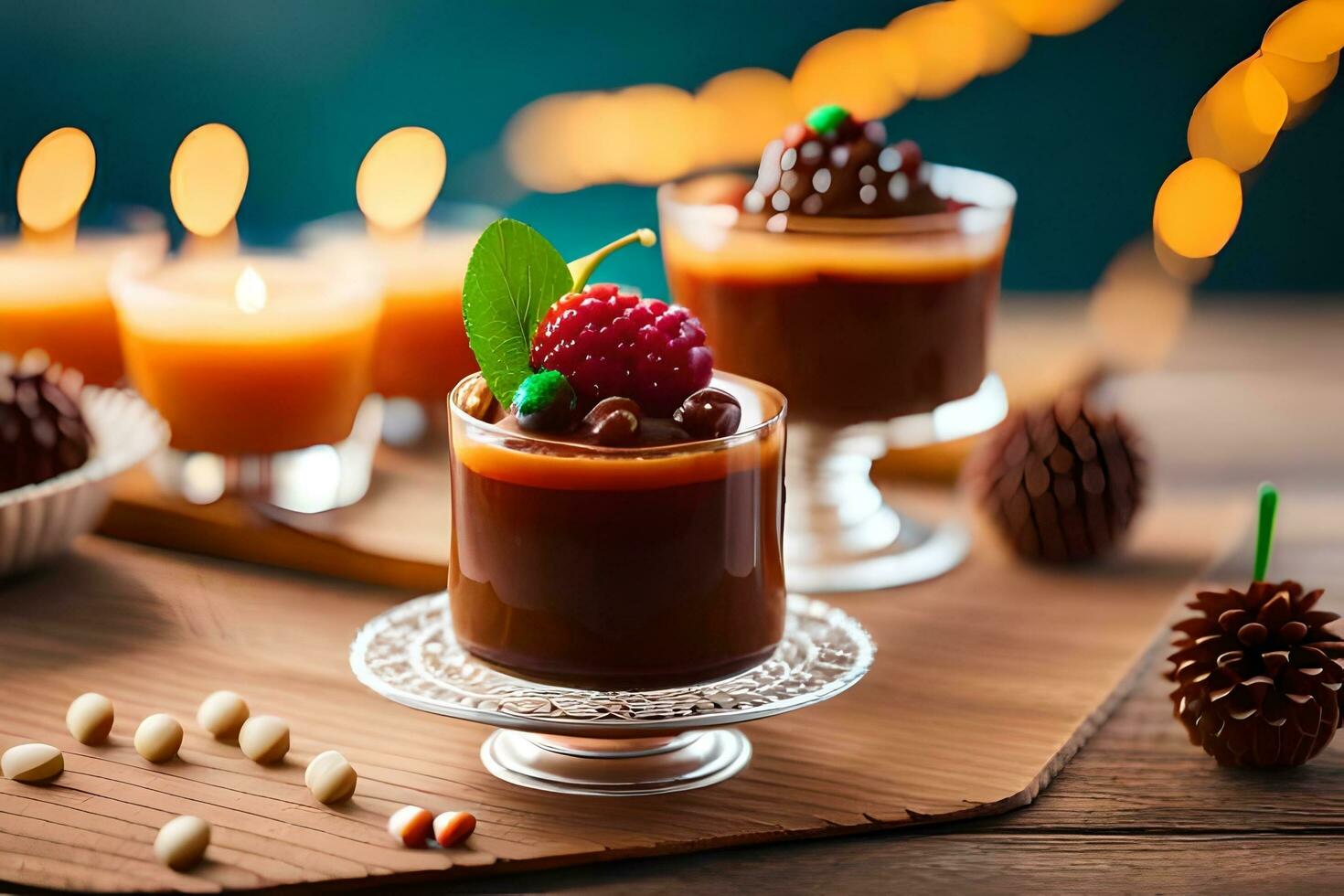 Schokolade Pudding mit Beeren und Nüsse auf ein hölzern Tisch. KI-generiert foto