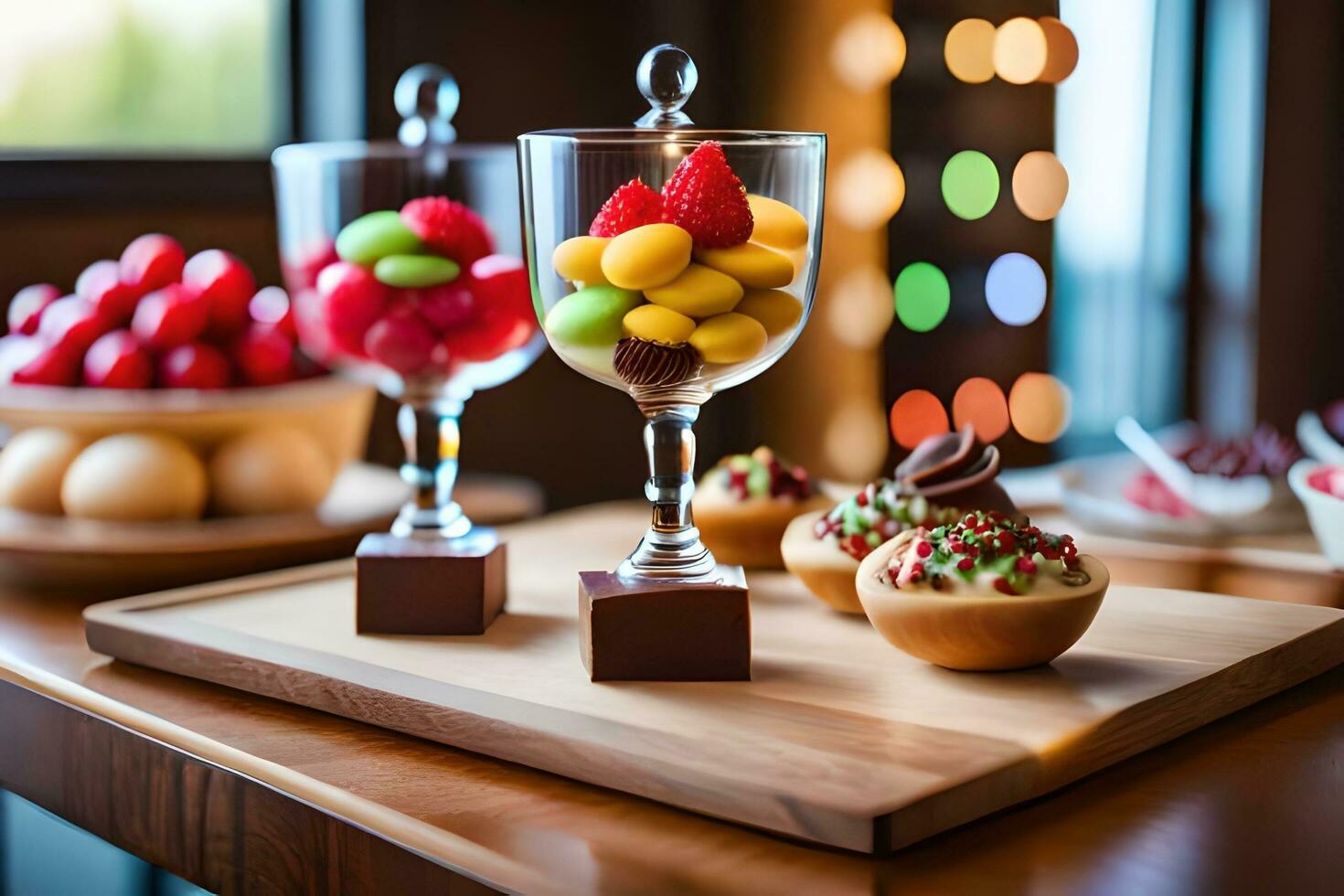 ein Tabelle mit zwei Brille gefüllt mit Frucht. KI-generiert foto