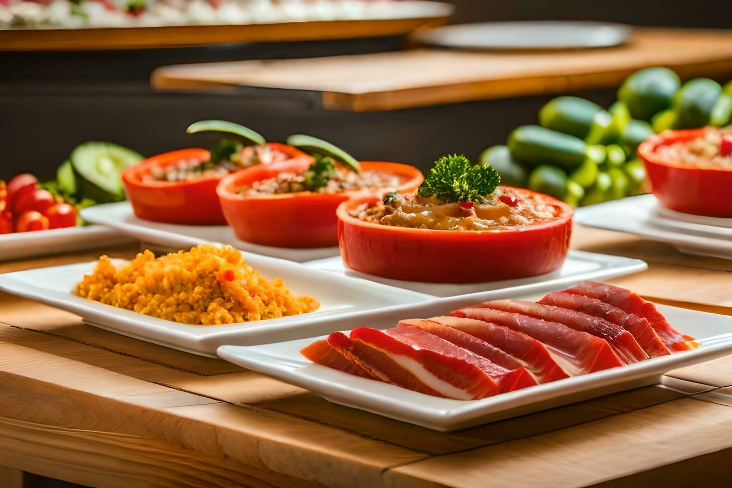 ein Buffet mit anders Typen von Essen auf Platten. KI-generiert foto