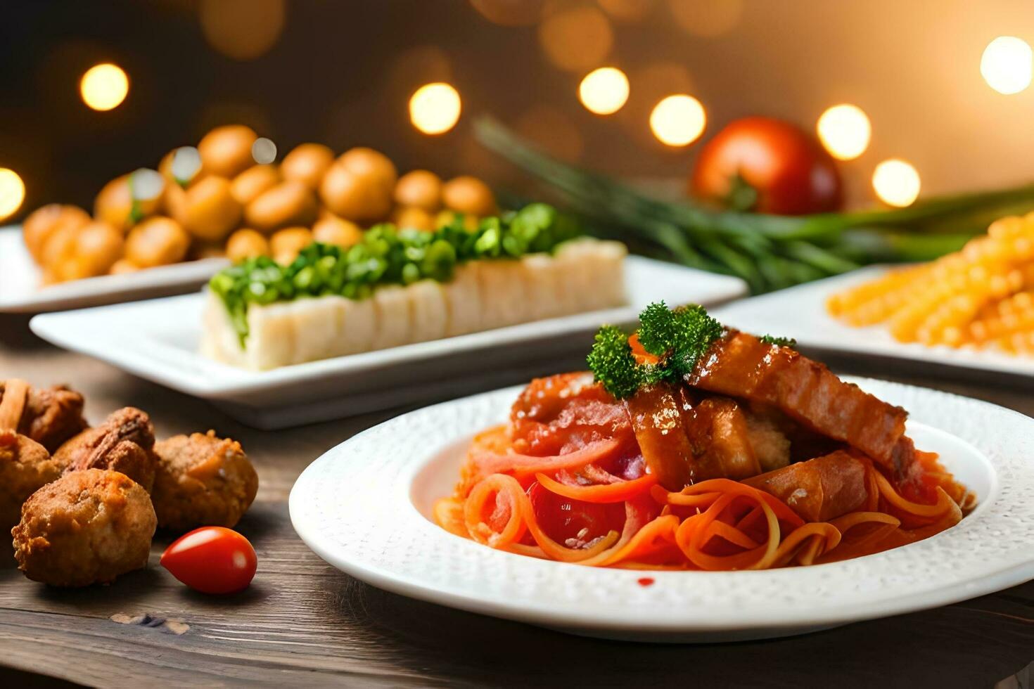 verschiedene Geschirr von Essen auf ein Tisch. KI-generiert foto