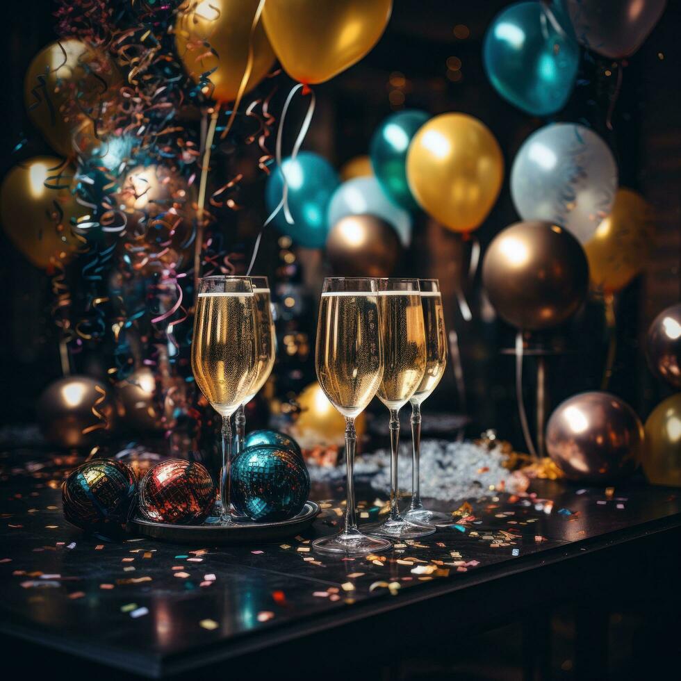 Champagner Brille umgeben durch bunt Luftballons und Luftschlangen foto
