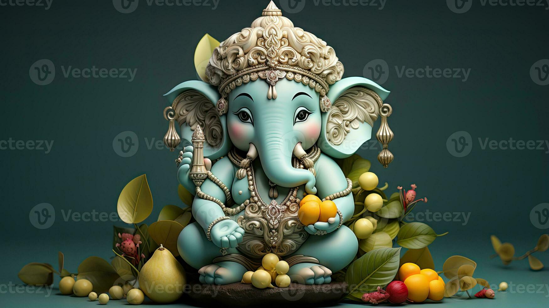 Ganesha Statue mit Früchte und Blätter - - 3d Illustration. foto