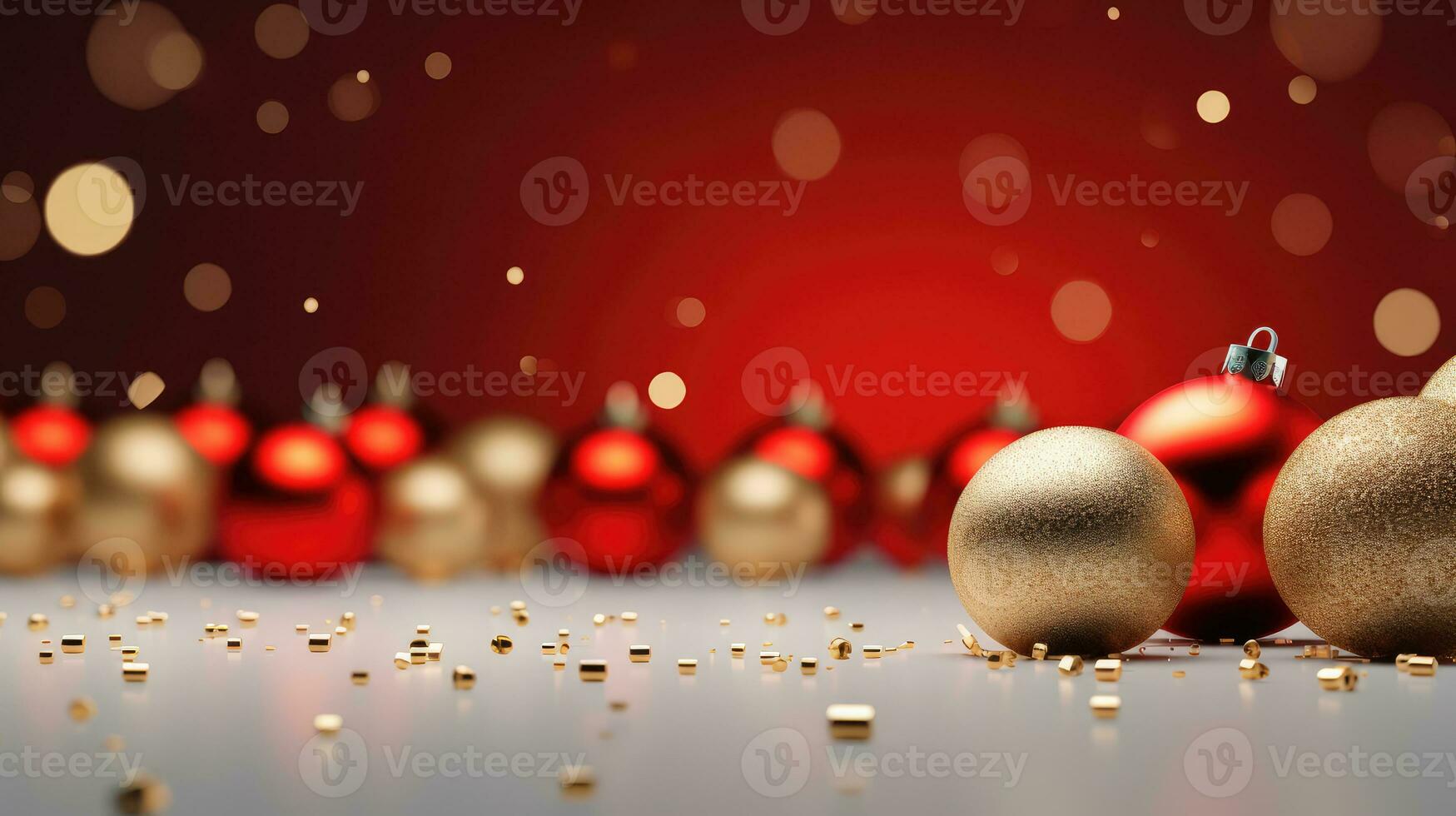 ai generiert Weihnachten Banner mit rot und Gold Kugeln gelegt aus auf Oberfläche. golden Bokeh und Konfetti, hell rot Hintergrund. horizontal Hintergrund mit Kopieren Raum zum Neu Jahr Design foto