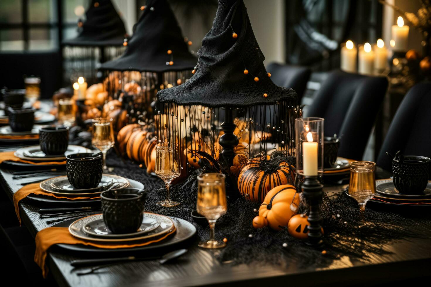 zauberhaft Kernstück mit Hexe Hüte Spinnweben und Kerzen zum Halloween Abendessen foto