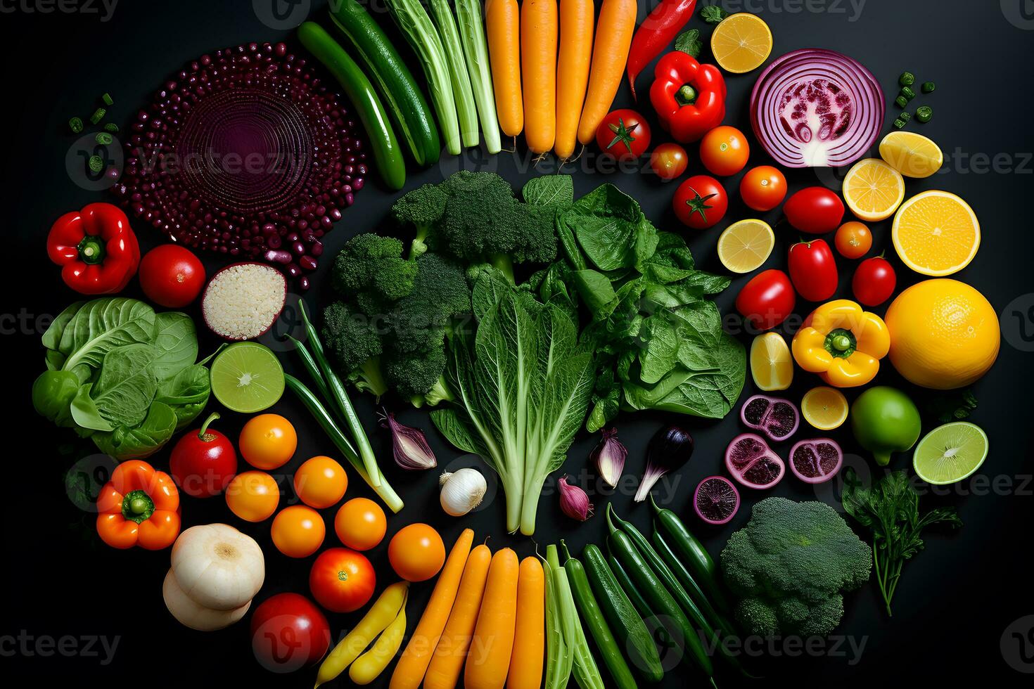 zum Gesundheit Essen frisch Gemüse Früchte Fleisch Essen generativ ai foto