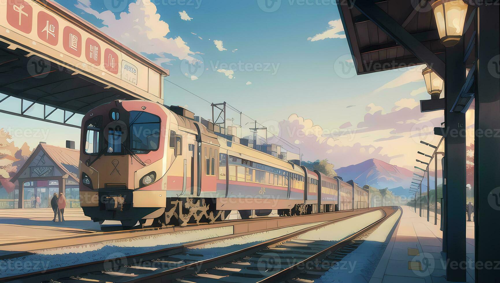 Zug Bahnhof Außen Schuss visuell Roman Anime Manga Hintergrund Hintergrund foto