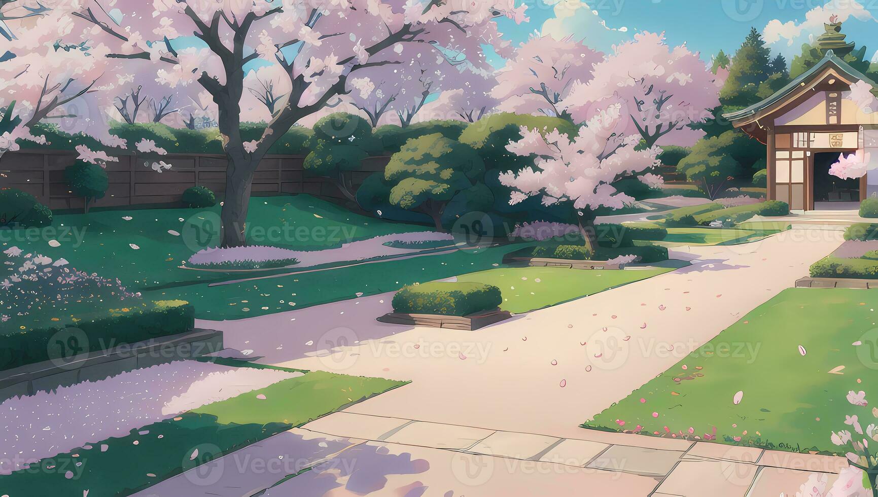 Sakura Garten während Frühling Zeit visuell Roman Anime Manga Hintergrund Hintergrund foto