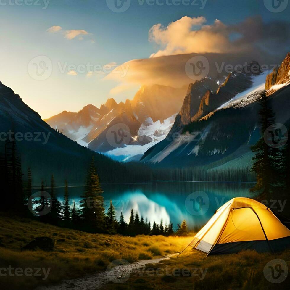 Camping und Rahmen oben Zelte im das wild mit schön Ansichten von Berge, Sonnenuntergänge, die Sonne geht auf, Seen. gut zum Geschäft reisen, Reise Transport, Webseiten, Unternehmen usw. generativ ai Konzept foto