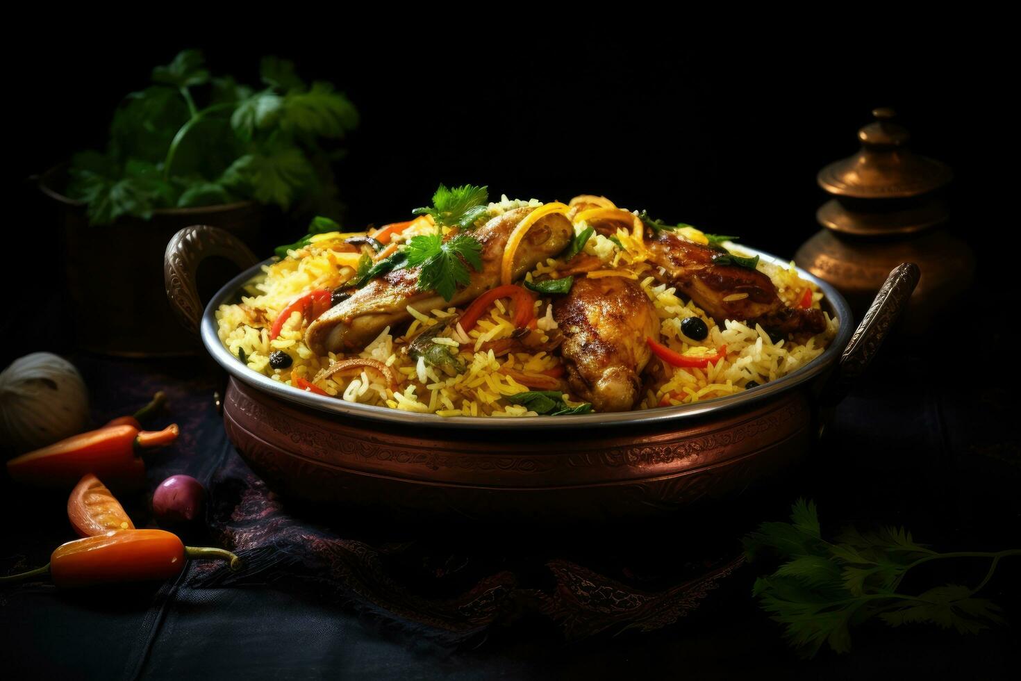 Hähnchen Biryani mit Basmati Reis, indisch Küche, indisch Hähnchen Biryani mit Reis und Gemüse auf ein schwarz Hintergrund, ai generiert foto
