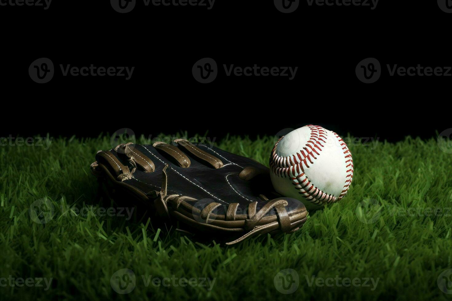 Baseball Handschuh und spielen Ball auf Grün Rasen Feld. generieren ai foto