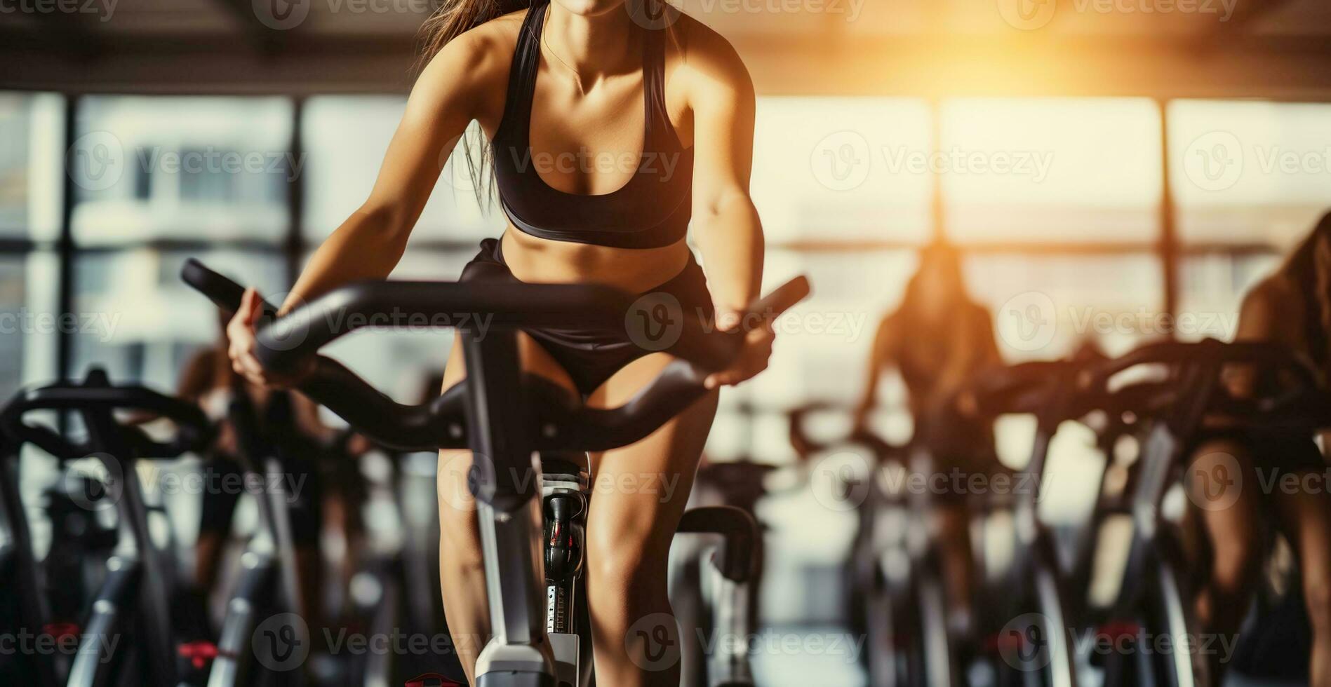 ein Frauen tun Sport Radfahren im das Fitnessstudio zum Fitness im das Morgen. Übung Fahrrad Cardio trainieren beim Fitness Fitnessstudio. generativ ai foto