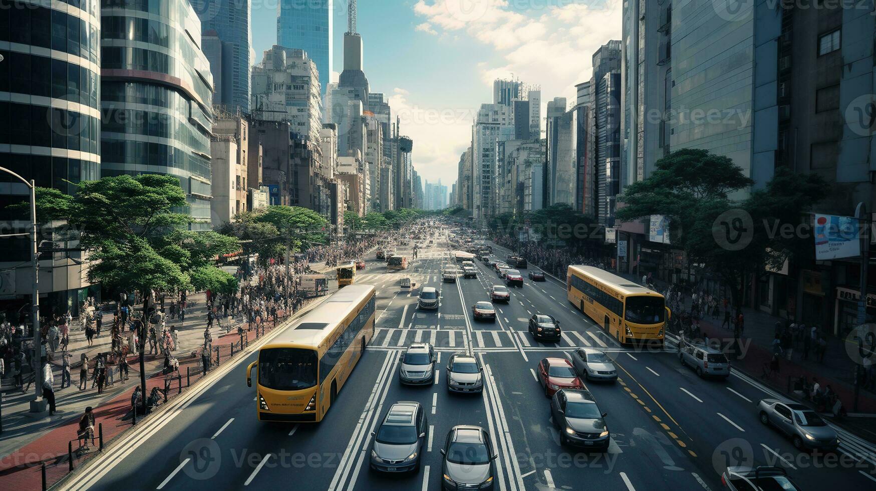 Innenstadt Stillstand - - ein Stadt Straße wimmelt es mit der Verkehr und Wolkenkratzer. generativ ai foto