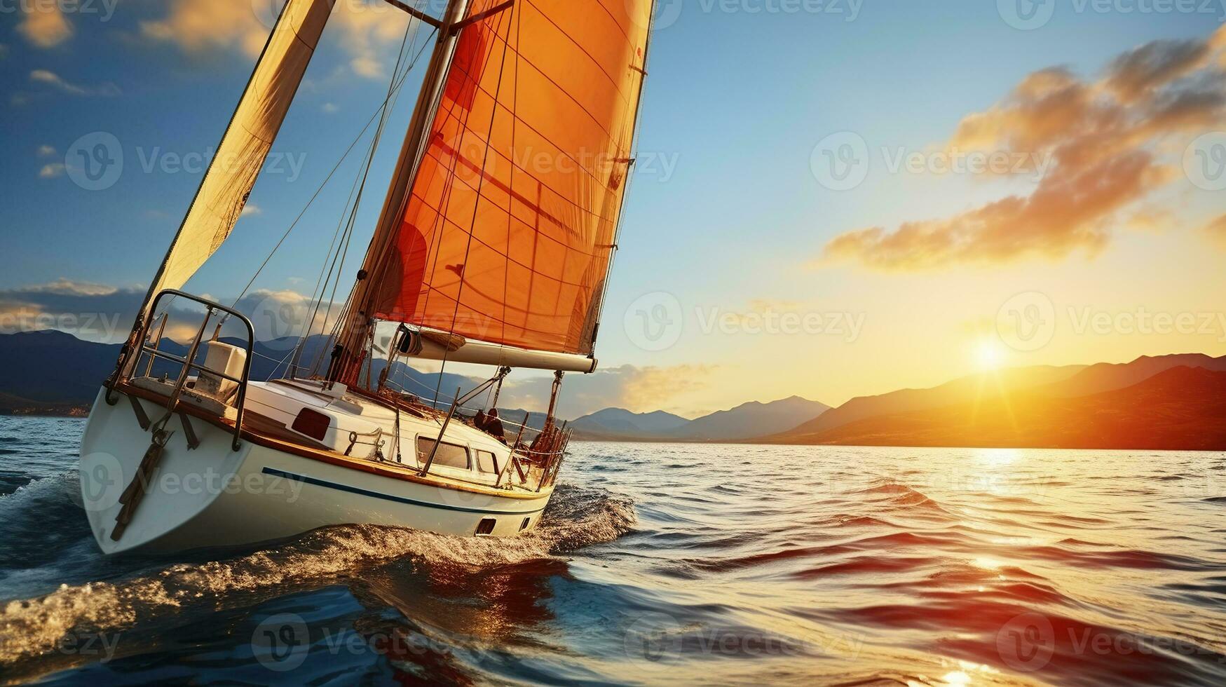 Yacht Segeln unter ein atemberaubend Sonnenuntergang. Segelboot. Reise Konzept. generativ ai foto