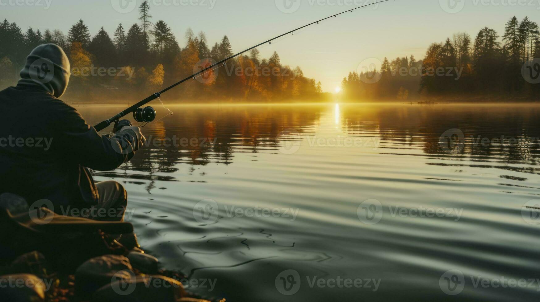 Angeln. Fischer mit Stange, Spinnen Spule auf das Fluss Bank. Hintergrund neblig Morgen. generativ ai foto