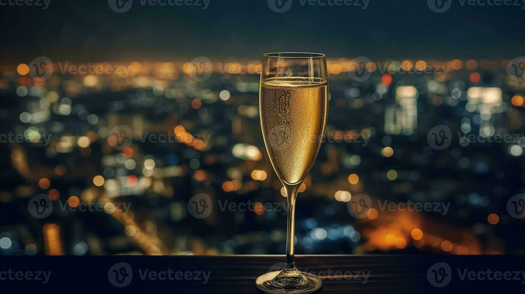 Glas von Champagner und Stadt Ansichten von ein Wolkenkratzer Gipfel. generativ ai foto