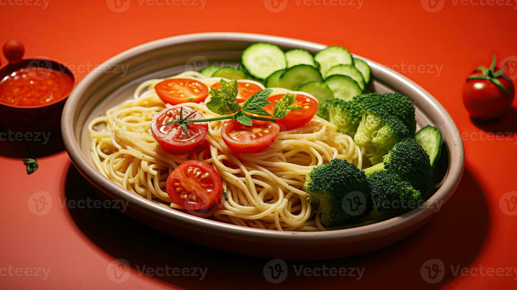 frisch und gesund Schule Mahlzeit. Spaghetti mit ein Seite von Erdbeeren. generativ ai foto
