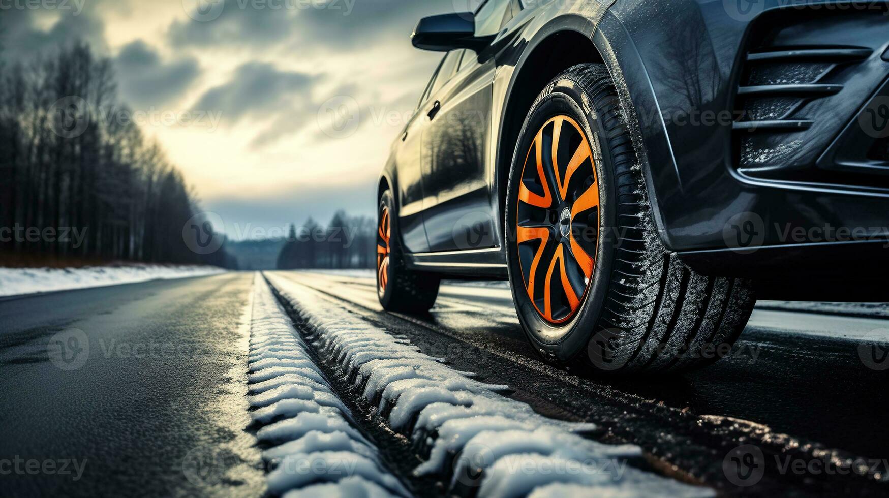 ein mischen von Winter und Sommer- Reifen auf das Asphalt Straße. generativ ai foto