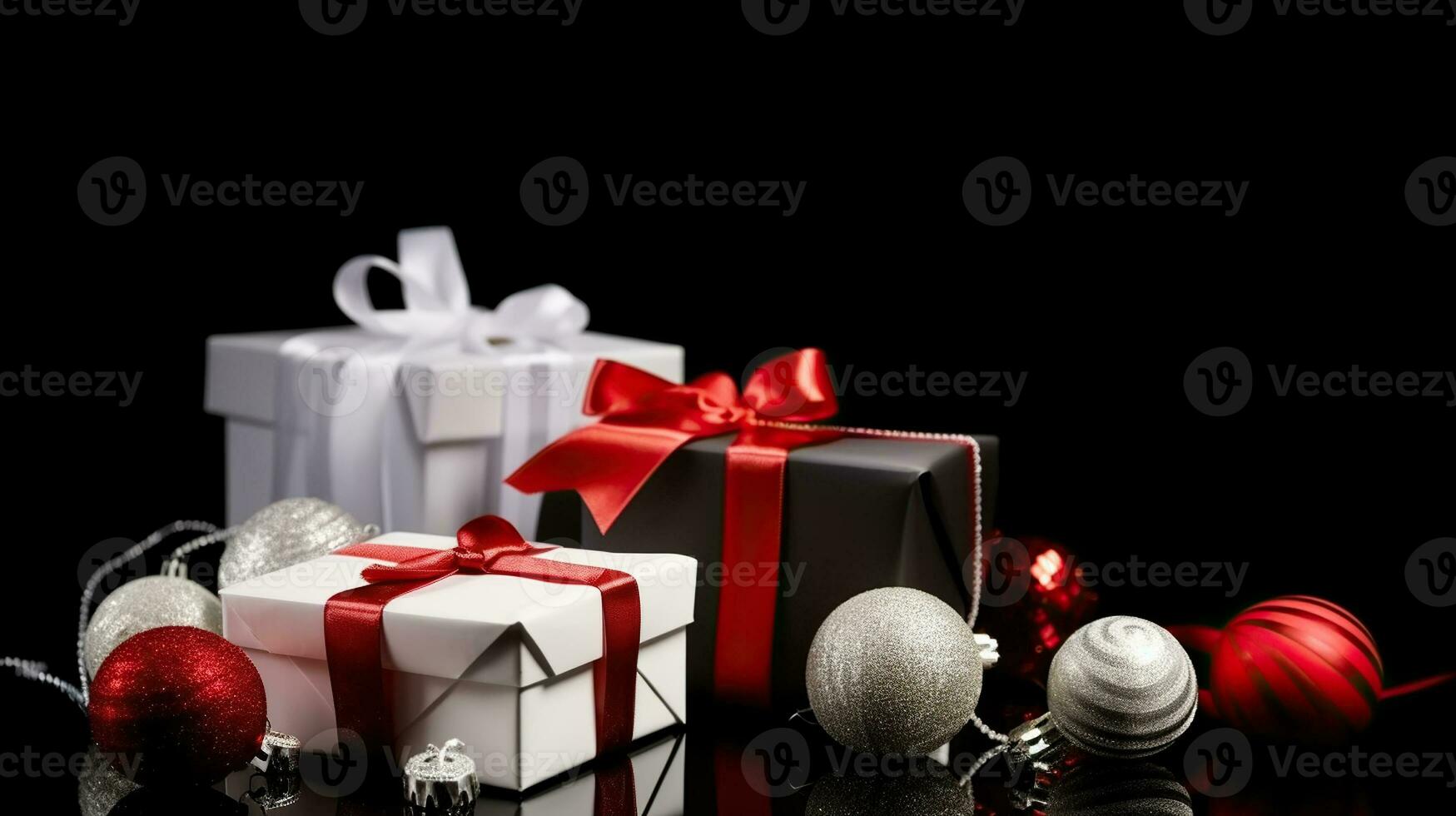 Geschenk rot und Weiß Kisten und Weihnachten Bälle auf schwarz Hintergrund. generativ ai foto