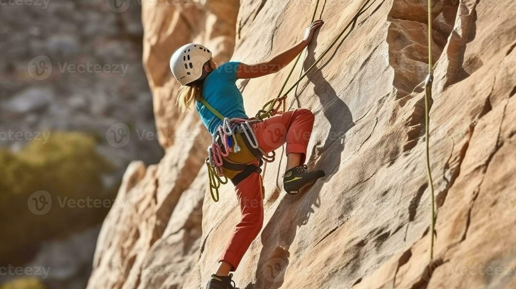 furchtlos Frau Felsen Bergsteiger erobern das Cliff. generativ ai foto