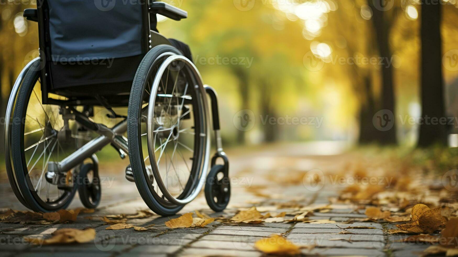 Nahansicht von Rollstuhl während im Park. generativ ai foto