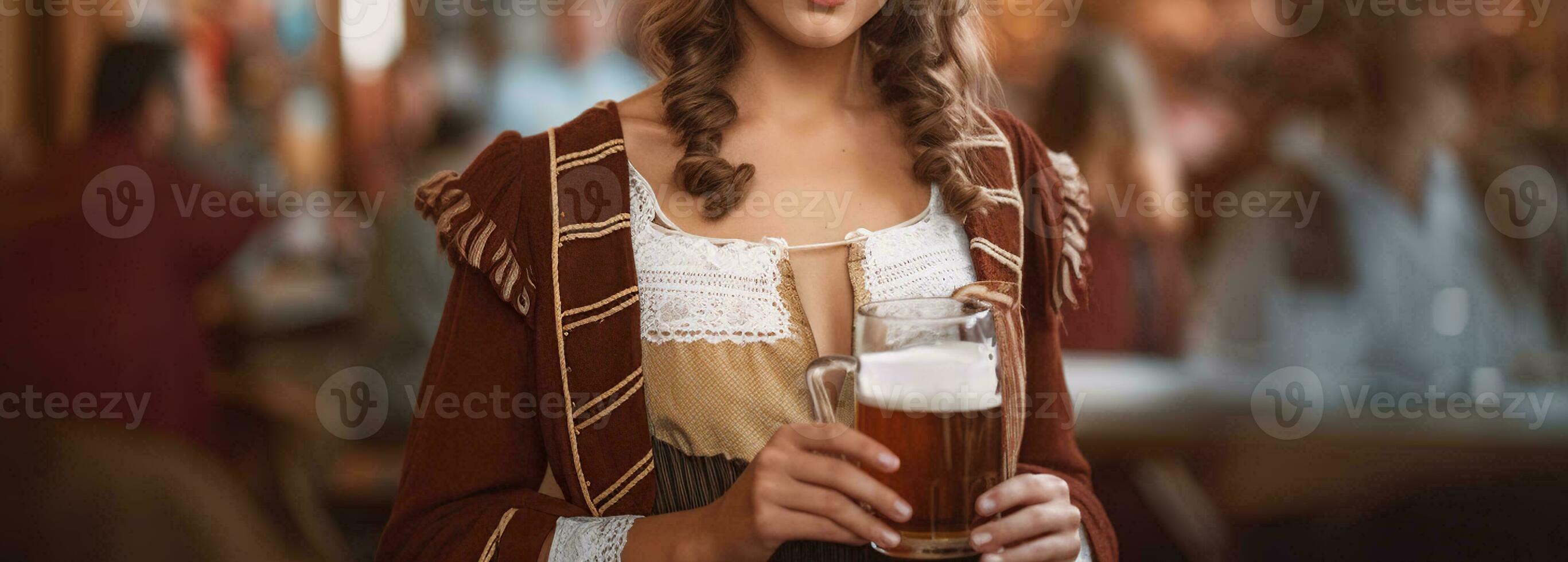 ein Frau im bayerisch Kleid mit ein Bier Becher. generativ ai foto