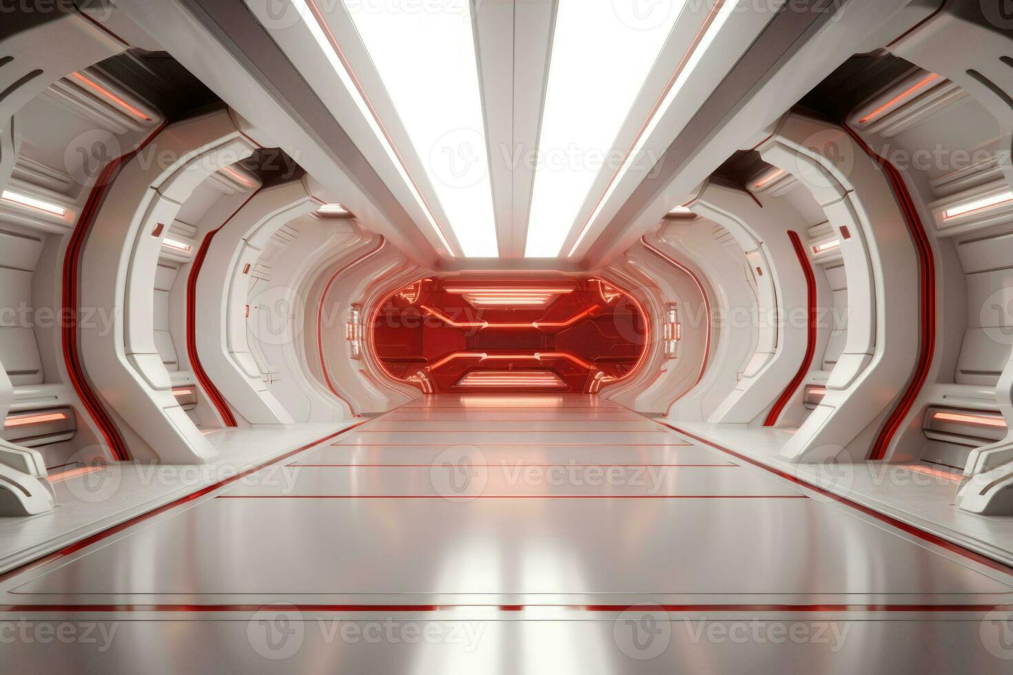 ein Flur im ein futuristisch Raumschiff. Gang Innerhalb Raum Bahnhof. generativ ai foto