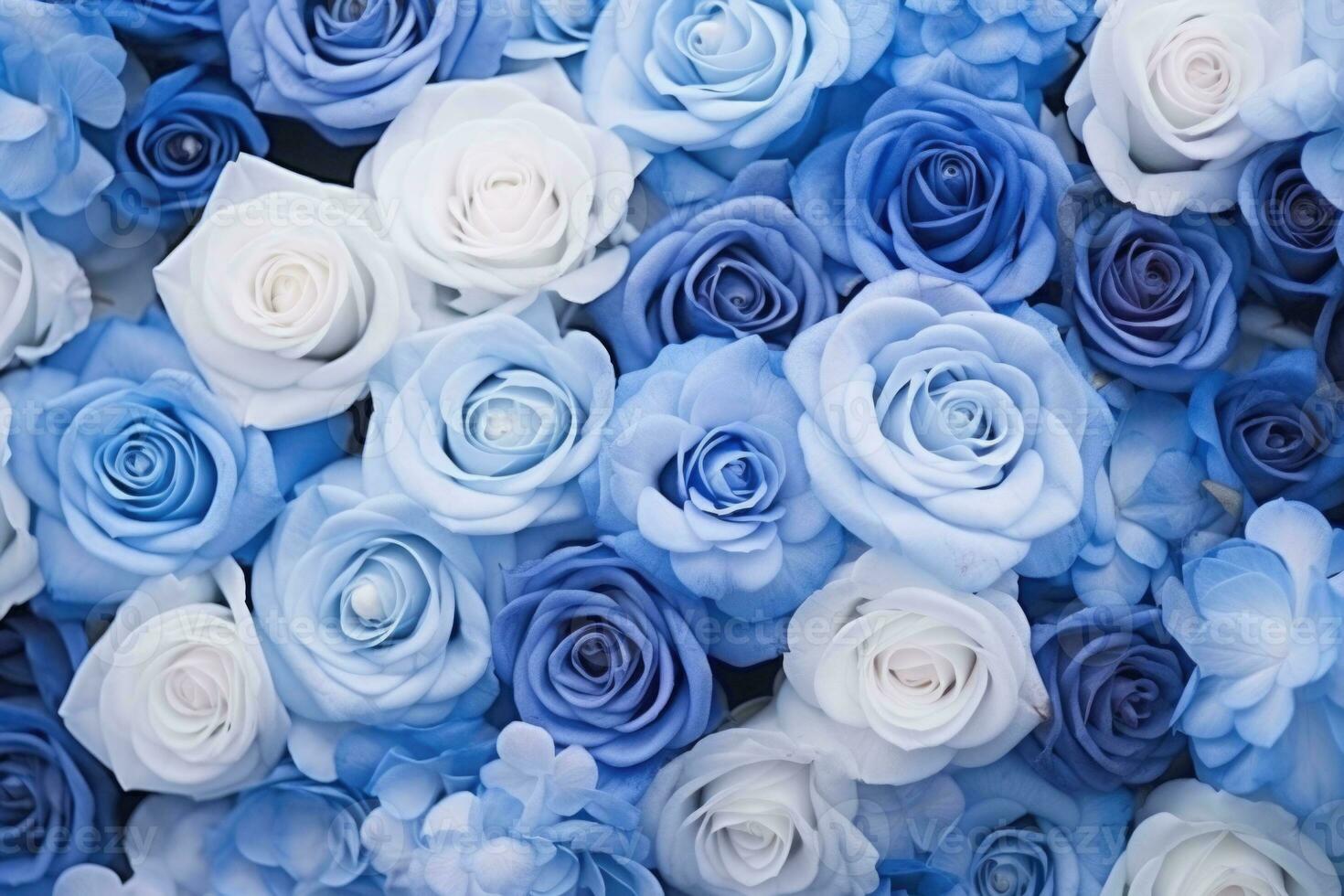 Blumen Mauer Hintergrund. frisch Blühen Blumen Textur im Blau Farben. generativ ai foto