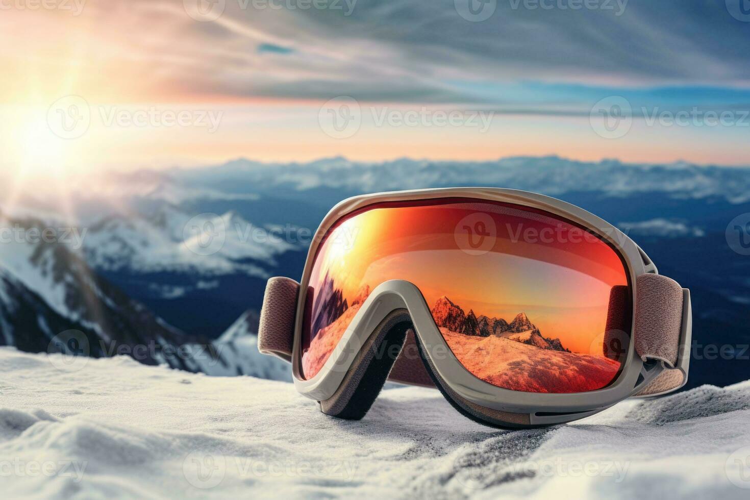 Schnee Brille mit Strahlen von das Rahmen Sonne. Winter Sport Ausrüstung. generativ ai foto