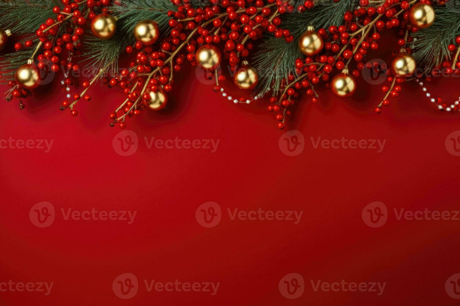 Weihnachten Tanne Geäst, Dekor und Girlanden auf rot Hintergrund. generativ ai foto