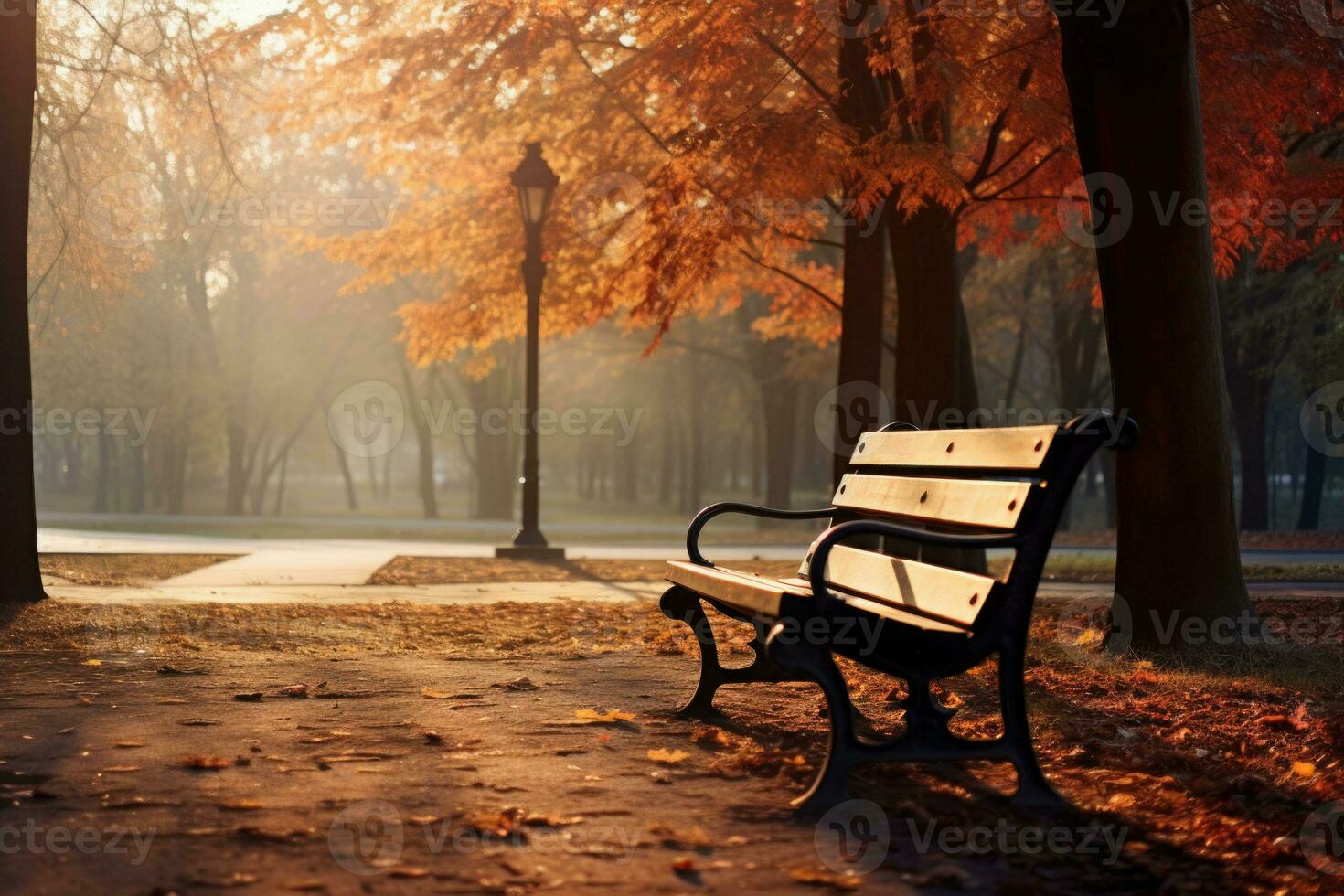 Bank im Herbst Park. Herbst Landschaft. warm friedlich Tag. ai generiert foto