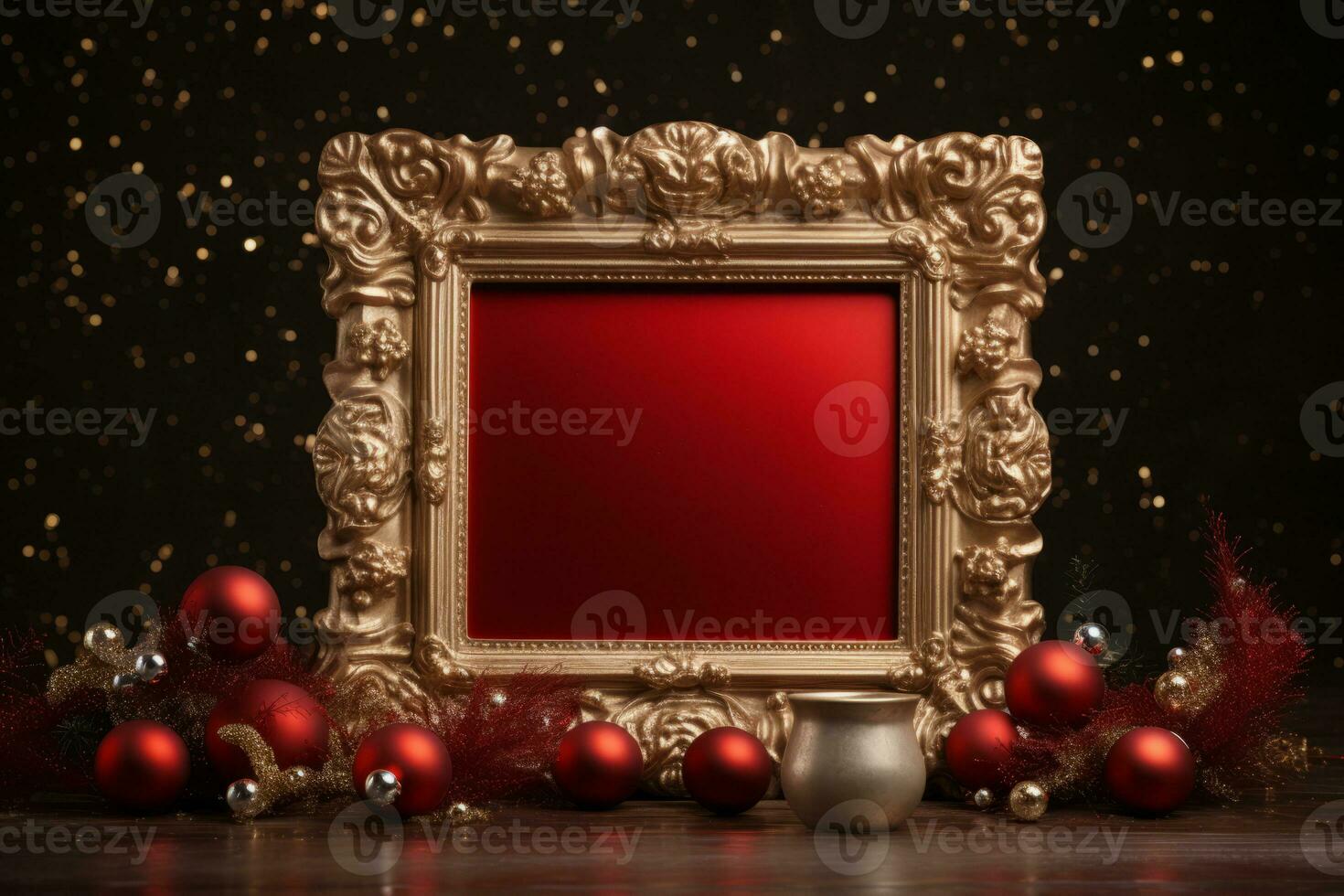 klassisch Weihnachten Dekor mit golden Rahmen und rot Samt Stoff. generativ ai foto