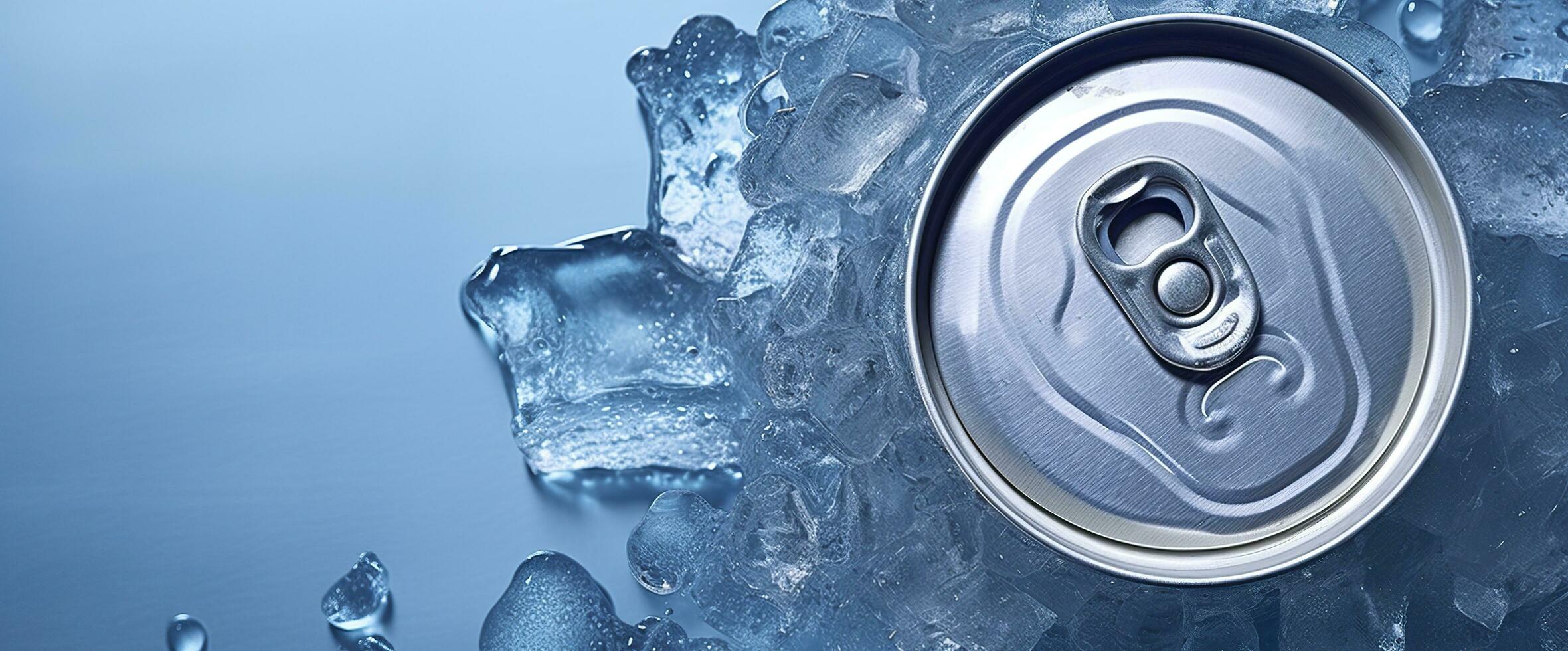 oben von trinken Zinn können vereist untergetaucht im Frost Eis, Metall Aluminium Getränk. generativ ai foto