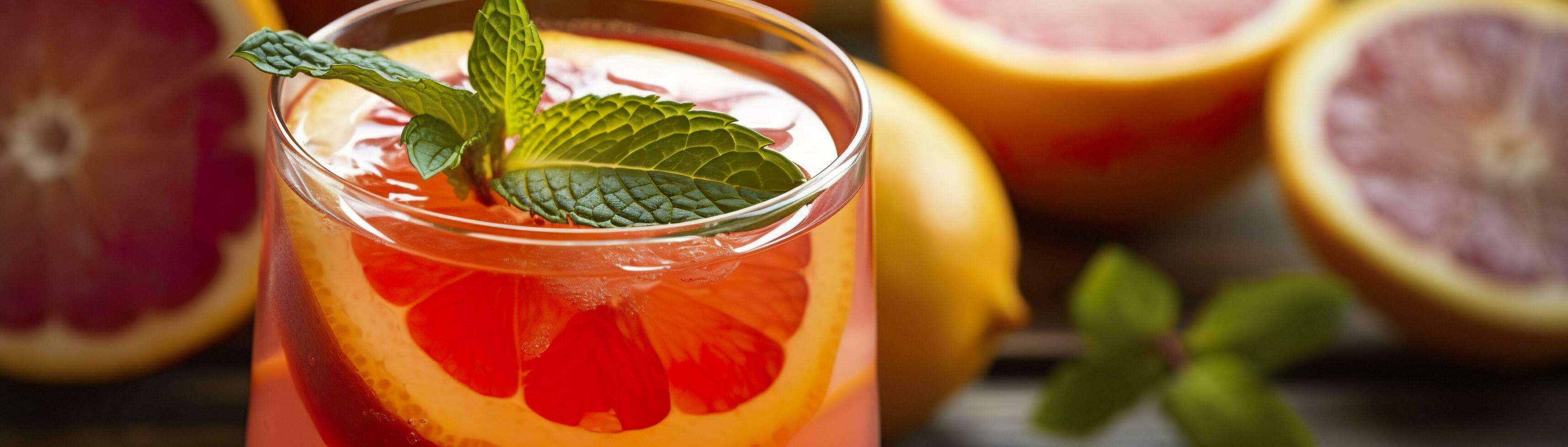 rot Orange schlagen mit Grün Minze Zuhause gemacht Cocktail Nahansicht auf Holz Hintergrund. generativ ai foto