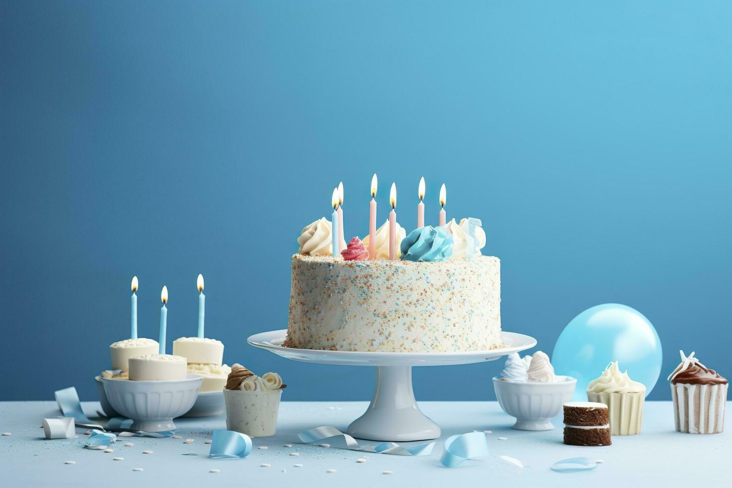 Geburtstag Kuchen mit Kerzen und Süßigkeiten auf Weiß Tabelle in der Nähe von Blau Mauer. generativ ai foto