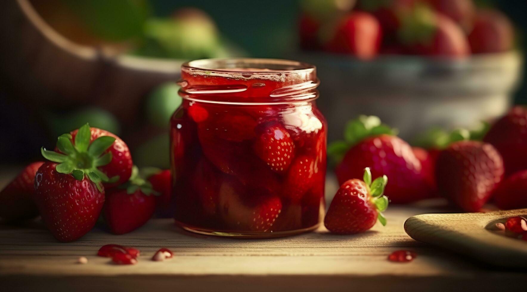 Erdbeere Marmelade und frisch Beeren. generativ ai foto