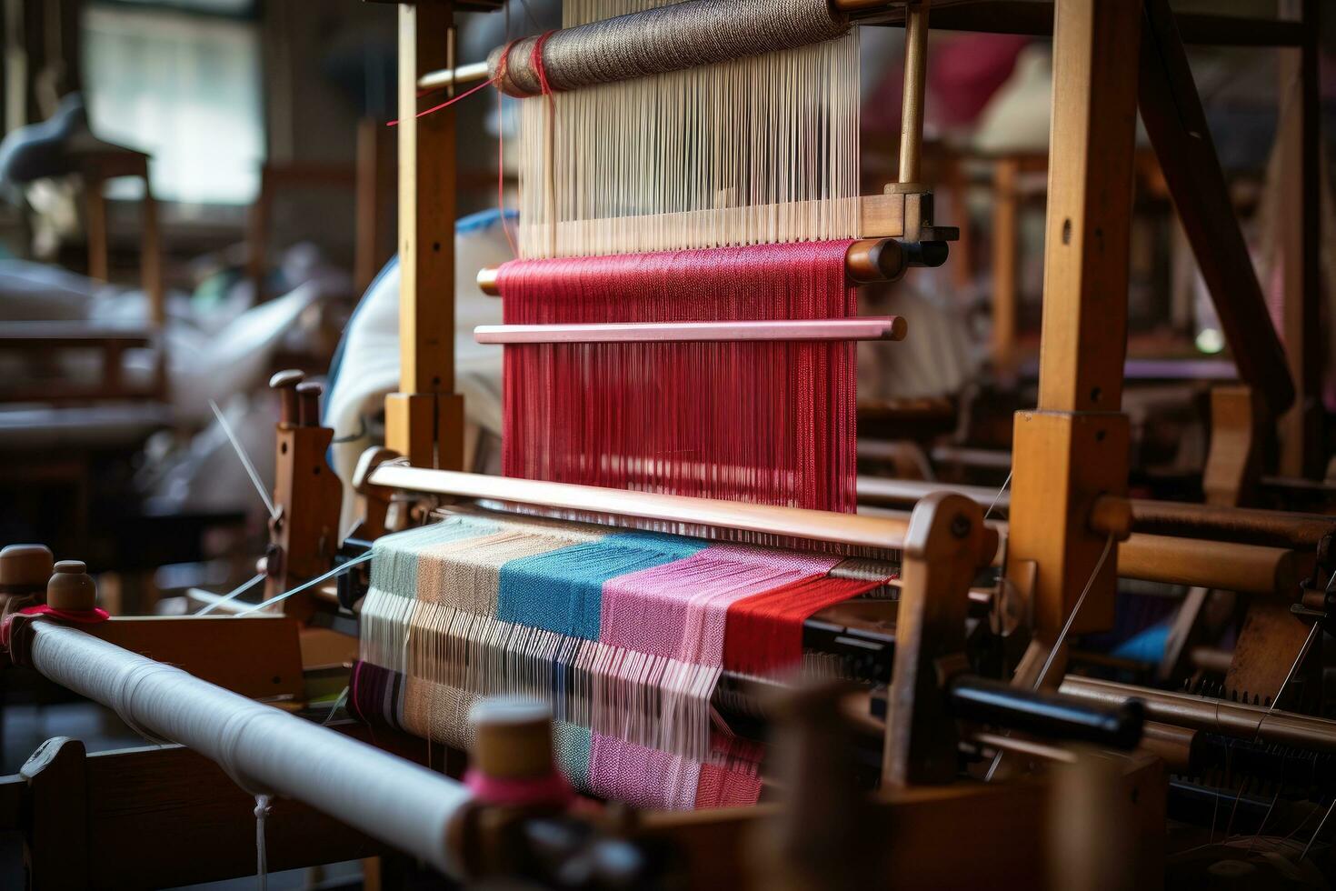 Weberei Webstuhl im ein Textil- Fabrik. Nahaufnahme, Webstuhl Produktion von Fäden und Textilien, ai generiert foto