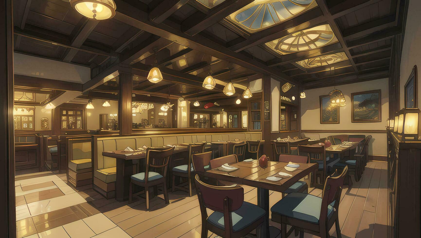 Restaurant Restaurant mit hölzern Möbel Grafik Roman Anime Manga Hintergrund foto