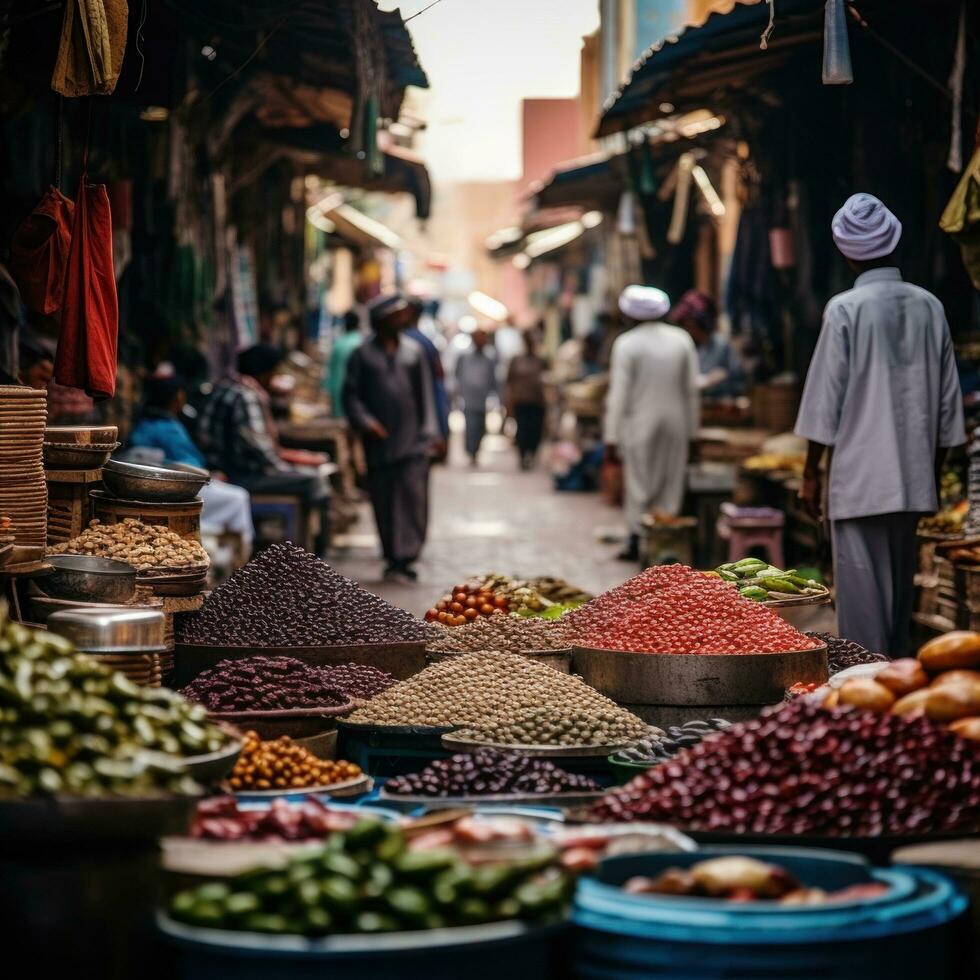 faszinierend Bild von ein lokal Markt im Marrakesch, Marokko, geschäftig mit Anbieter und Käufer foto