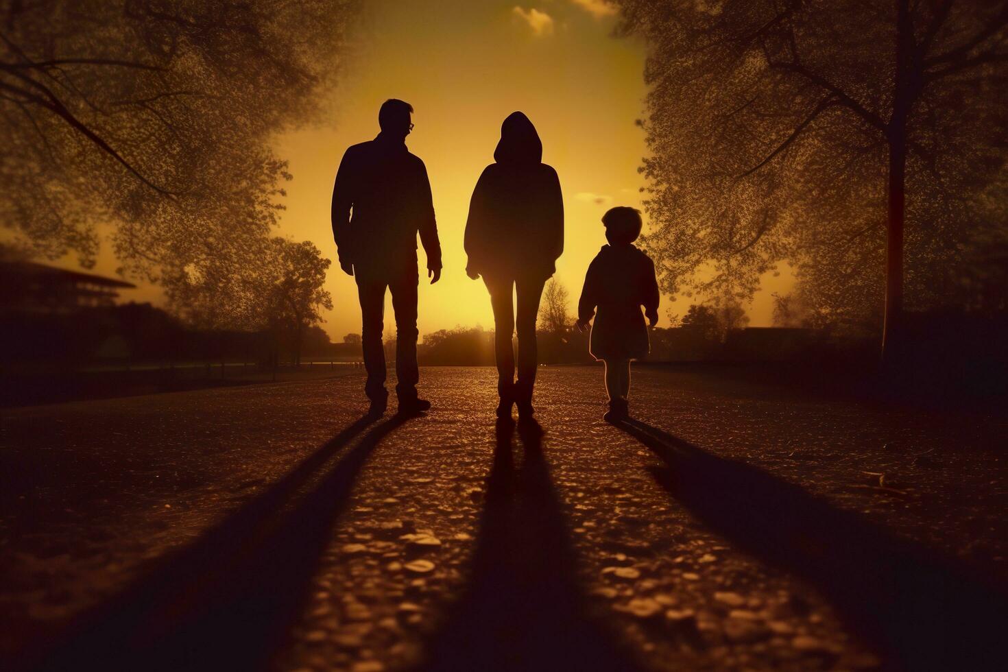 Schatten von glücklich Familie zusammen, Eltern mit ihr wenig Baby beim Sonnenuntergang. ein Silhouette von Liebe und Einheit. ai generativ foto