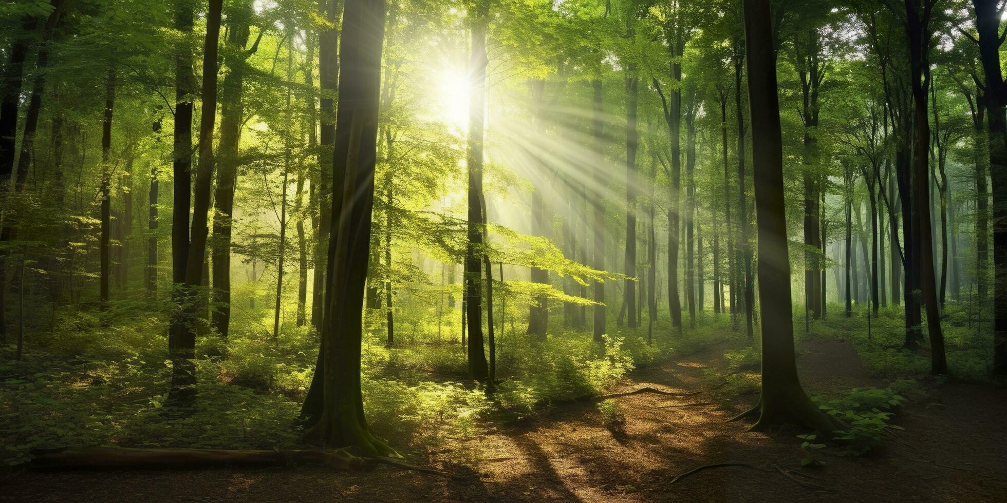 schön Strahlen von Sonnenlicht im ein Grün Wald. generativ ai foto