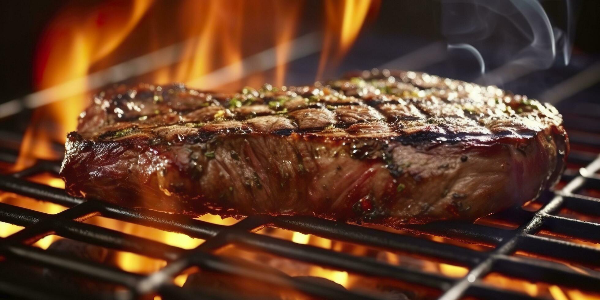 Rindfleisch Rippenstück Steak Grillen auf ein flammend Grill. generativ ai foto