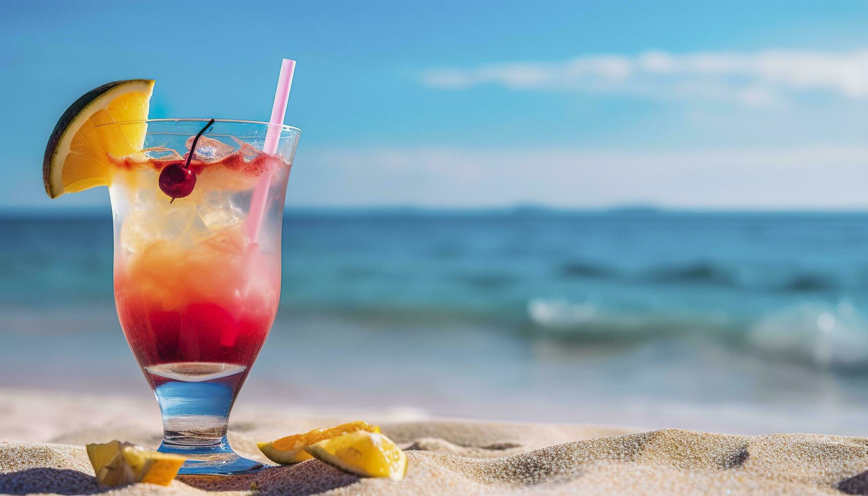 Cocktail Glas auf das sandig Strand in der Nähe von das Meer im Sommer- Zeit. generativ ai foto